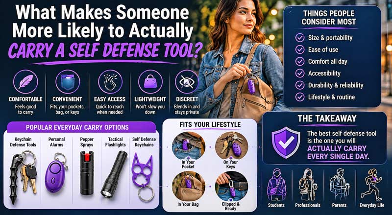 Infographic-style image showing everyday carry self defense tools and key factors like comfort, portability, accessibility, and practicality for choosing something you will actually carry every day