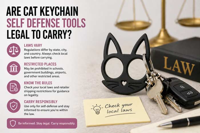 cat ear self defense keychain with infographic explaining legality and responsible carry guidelines