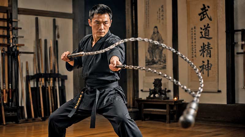 Martial artist demonstrating chain whip training in a traditional dojo showing controlled movement, flexible weapon technique, and martial arts discipline