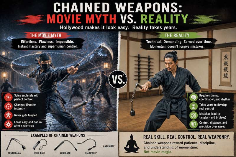Myth vs reality infographic comparing exaggerated movie-style chained weapon mastery with realistic martial arts training and control.