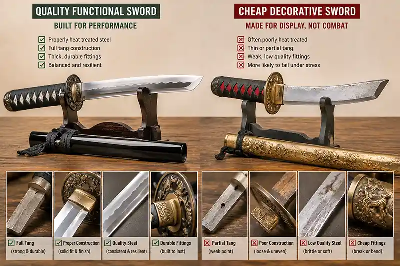 Functional sword and decorative sword compared to show differences in blade quality, tang construction, and fittings