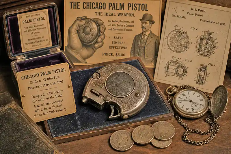 Antique Chicago palm pistol with vintage patent drawings and pocket watch