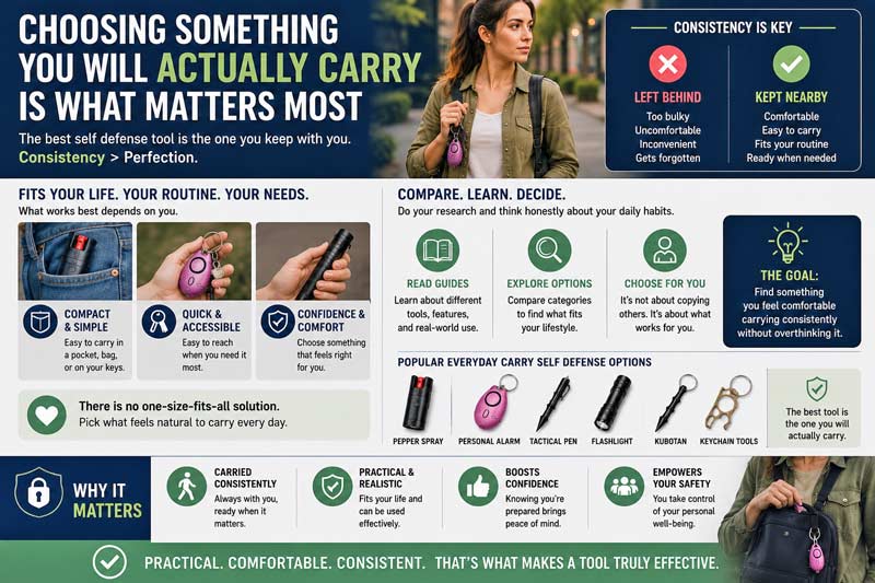 Infographic-style image showing everyday carry self defense tools and personal safety items with messaging about comfort, consistency, and choosing something practical you will actually carry every day