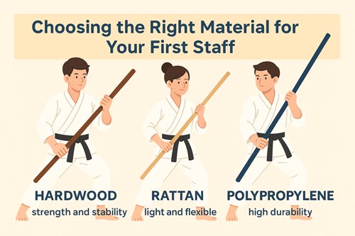 Illustration comparing hardwood, rattan, and polypropylene staffs with martial artists demonstrating each material.