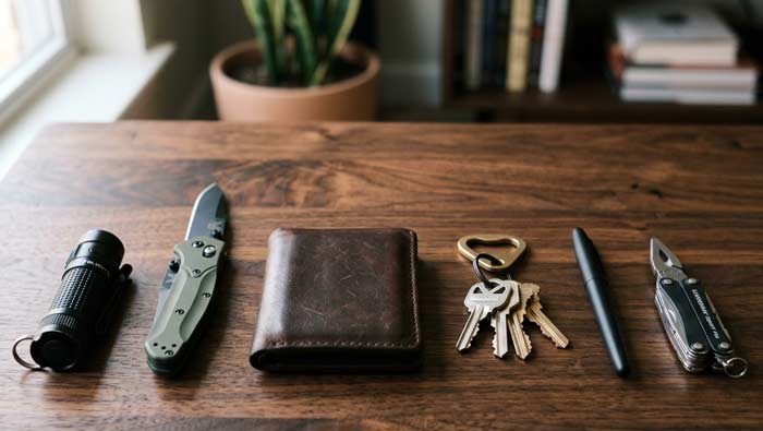 Everyday carry items like flashlight, folding knife, wallet, keys, pen, and multitool arranged neatly on a table