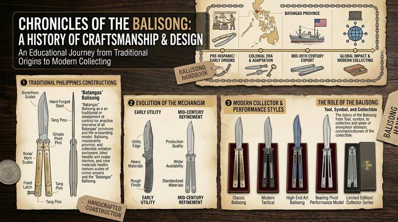 Infographic showing the history of the balisong from traditional Filipino craftsmanship to modern butterfly knife collector designs