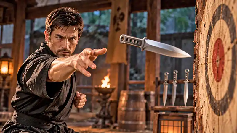 Martial artist throwing a knife toward a wooden target in a traditional dojo.