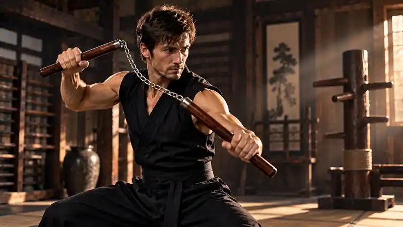 Martial artist practicing with wooden nunchucks in a traditional dojo.