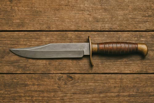 Classic Bowie knife on a wooden surface.