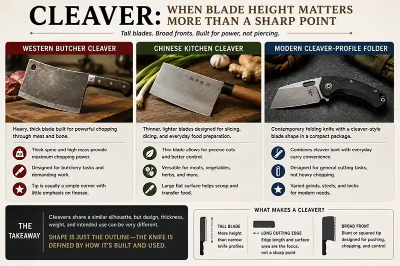 Cleaver blade shapes comparing butcher, Chinese kitchen, and folding knives