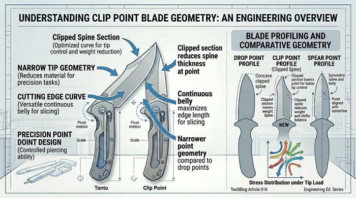Infographic explaining clip point blade geometry with labeled diagrams showing the clipped spine, narrow tip, and curved cutting edge