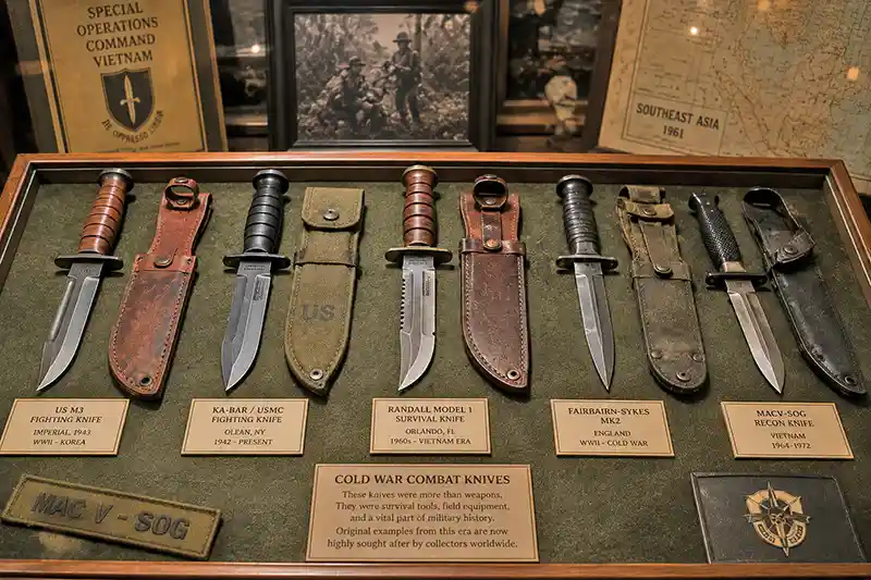 Museum display of rare Cold War combat knives with original sheaths, identification plaques, and military memorabilia.