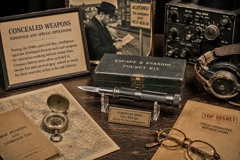 Cold War-era concealed knife displayed with vintage espionage equipment, maps, and survival gear in a museum-style exhibit.