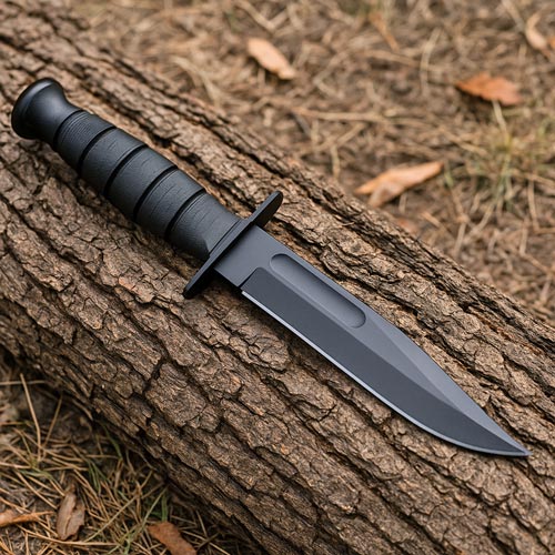 black combat knife resting on a fallen tree trunk outdoors