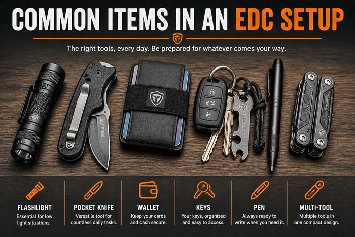 Everyday carry items including flashlight, folding knife, wallet, keys, pen, and multitool arranged in an infographic layout