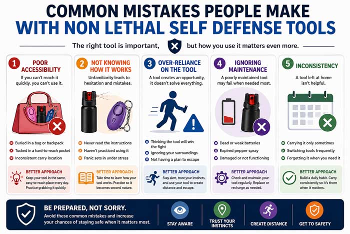 Infographic showing common mistakes with non lethal self defense tools including poor access, lack of knowledge, over reliance, and inconsistency