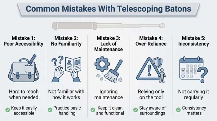 Infographic showing common mistakes with telescoping batons and better ways to carry and maintain them