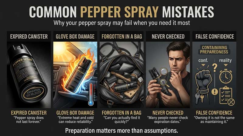 Pepper spray expiration and maintenance mistakes infographic showing storage, heat exposure, and expired canister risks