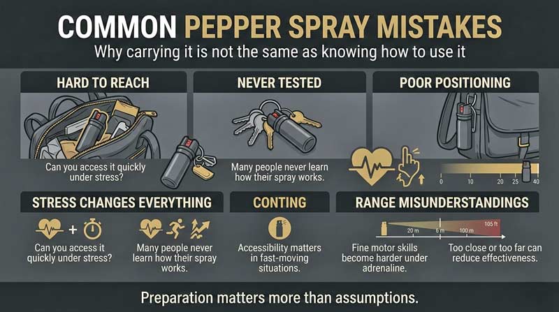 Common pepper spray mistakes infographic about accessibility, practice, stress, and range awareness