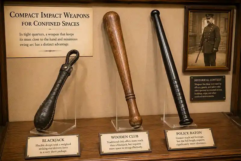 Vintage blackjack, wooden club, and police baton displayed side by side