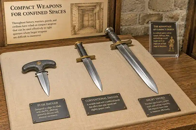 Push dagger, conventional dagger, and short sword compared for confined spaces