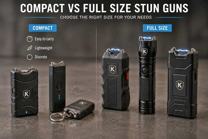 Comparison of compact and full size stun guns showing size differences and carry options in a side by side layout