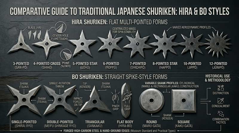 Infographic comparing different types of traditional Japanese shuriken including flat hira shuriken and straight bo shuriken designs