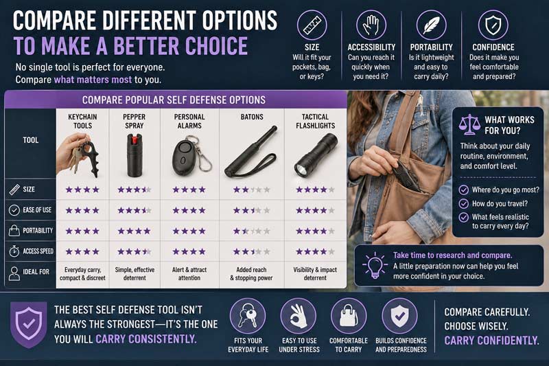 Comparison infographic showing different self defense tools and everyday carry options for choosing what fits your lifestyle best