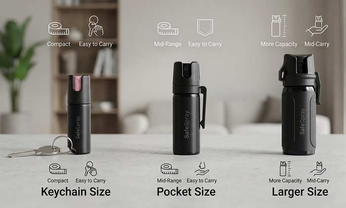 Comparison of keychain, pocket, and larger personal safety spray sizes in a clean labeled layout