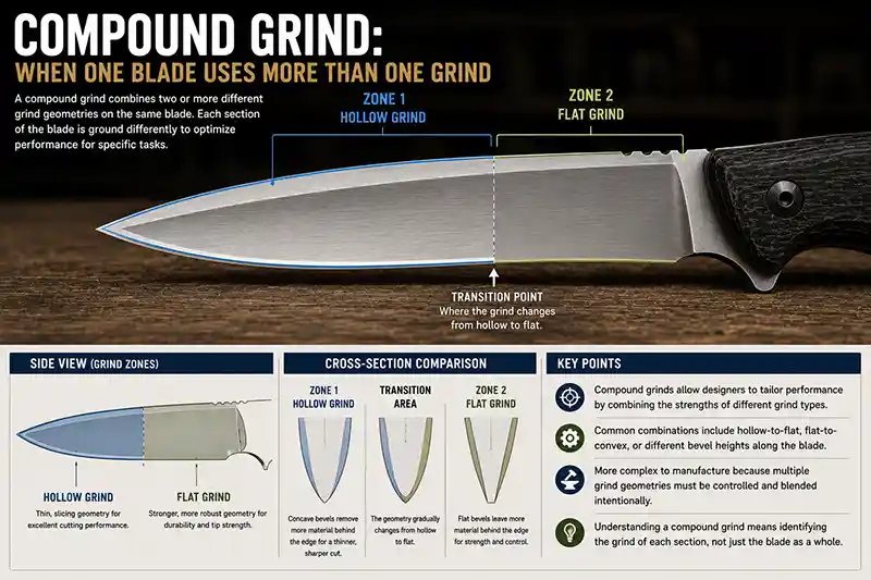 Compound knife grind showing hollow and flat grind zones on one blade