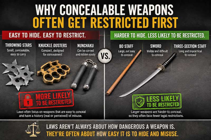 Infographic comparing concealable martial arts weapons like throwing stars and knuckle dusters with larger weapons to explain why some are more likely to be restricted.
