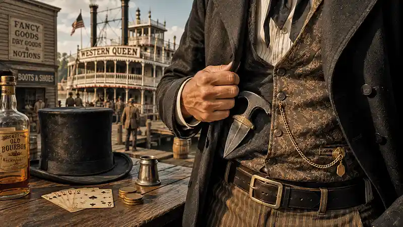 19th-century gentleman carrying a concealed push dagger on a riverfront.