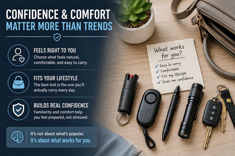 Infographic-style image showing compact everyday carry items and personal safety tools with messaging about comfort, confidence, and choosing what fits your lifestyle best
