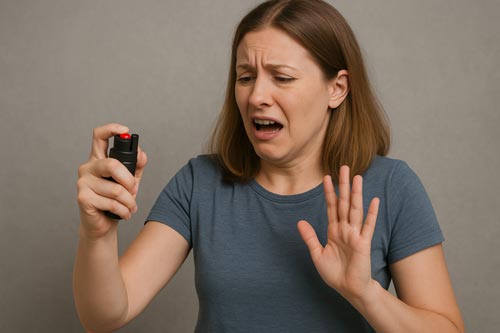 Woman looking confused while holding a pepper spray canister.