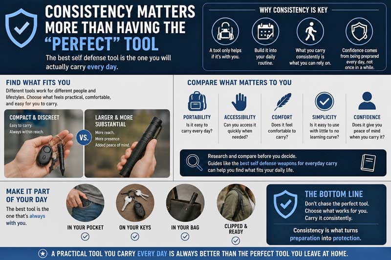 Infographic-style image showing everyday carry tools and personal safety items with messaging about consistency, comfort, and carrying what realistically fits your daily routine