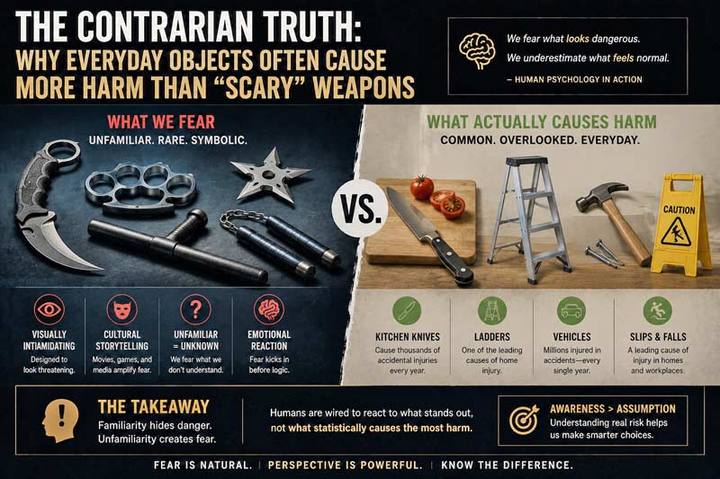 Editorial-style comparison showing intimidating-looking weapons contrasted with everyday household objects to explore why familiar items often cause more harm than feared weapons.