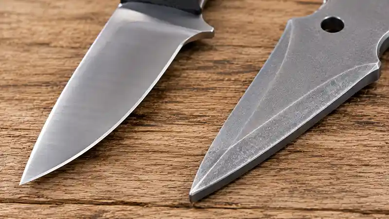 Conventional knife edge compared with a thicker throwing knife point