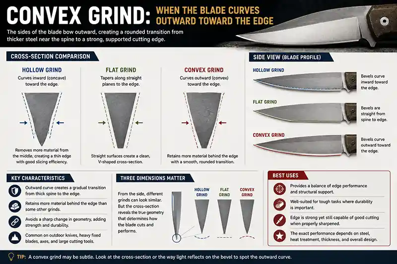 Convex knife grind compared with flat and hollow grind cross-sections
