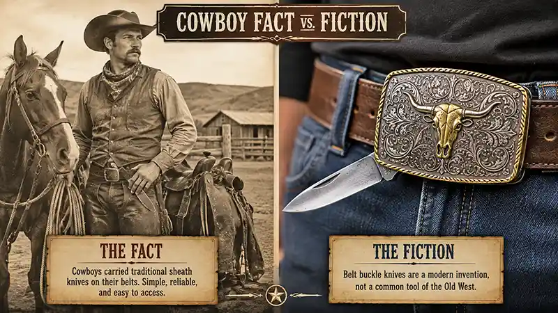 Cowboy with a traditional sheath knife contrasted with a modern belt buckle knife in a fact-versus-fiction comparison.