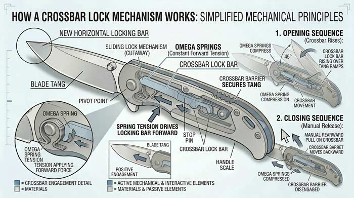 Infographic showing how a crossbar lock mechanism works using labeled internal components and sliding lock bar diagrams