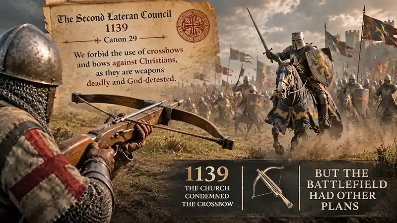 Medieval crossbowman facing armored knights after the 1139 crossbow ban