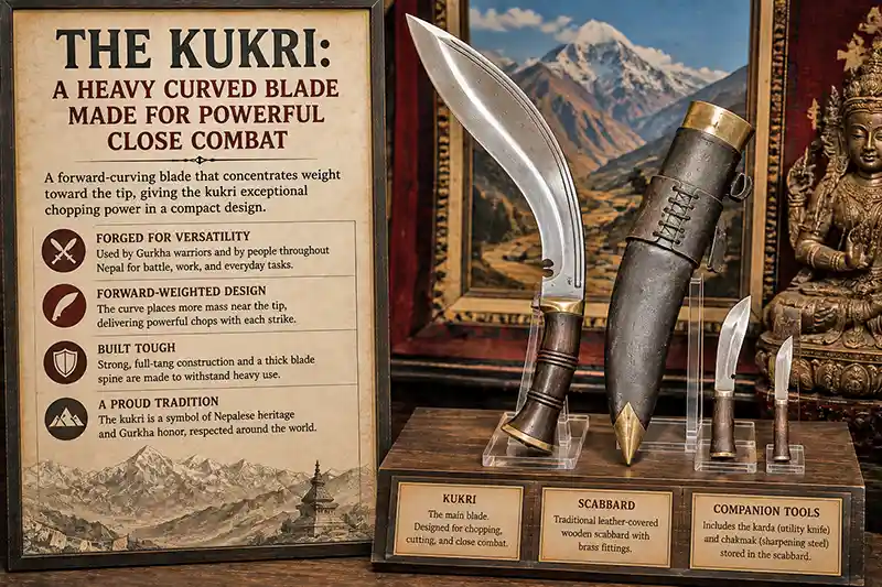 Traditional Nepalese kukri with scabbard and companion tools