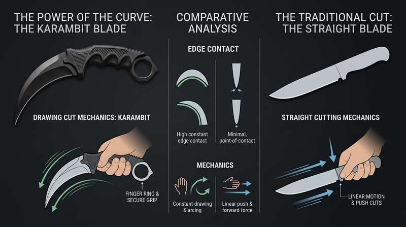 How the curved karambit blade improves cutting motion compared to a straight knife blade with educational diagram and blade shape comparison