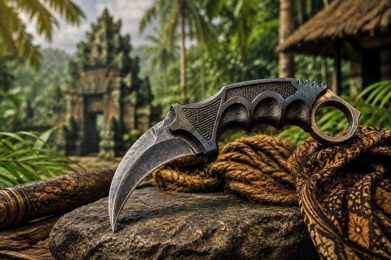Curved karambit in a jungle setting