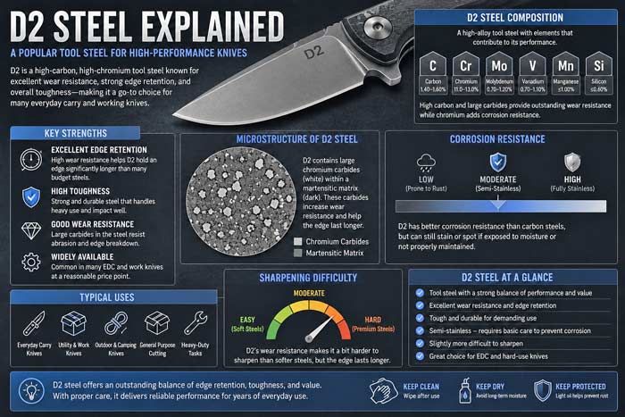 Infographic explaining D2 knife steel with charts showing composition, edge retention, corrosion resistance, toughness, and sharpening difficulty