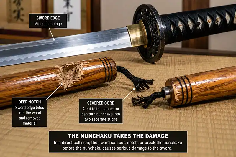 Damaged wooden nunchaku with a deep blade notch and severed cord beside an intact sword