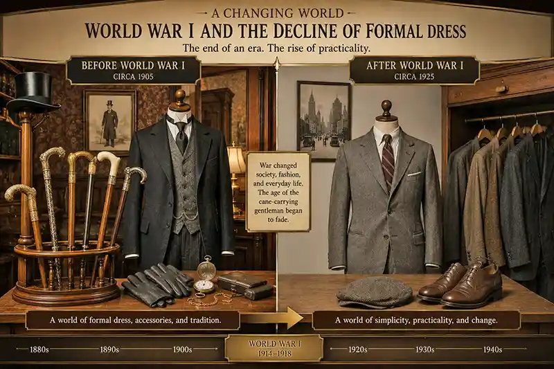 Formal menswear and walking canes before World War I compared with simpler 1920s fashion
