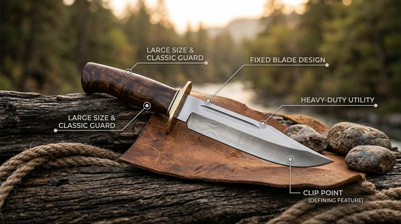Bowie knife displayed outdoors with labeled infographic callouts highlighting clip point blade, fixed blade design, and rugged utility features