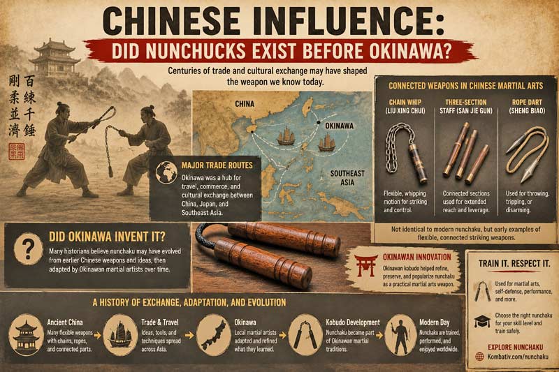Chinese influence on nunchaku history showing Okinawa trade routes, early Chinese connected weapons, traditional wooden nunchaku, and the debate over whether nunchucks existed before Okinawa