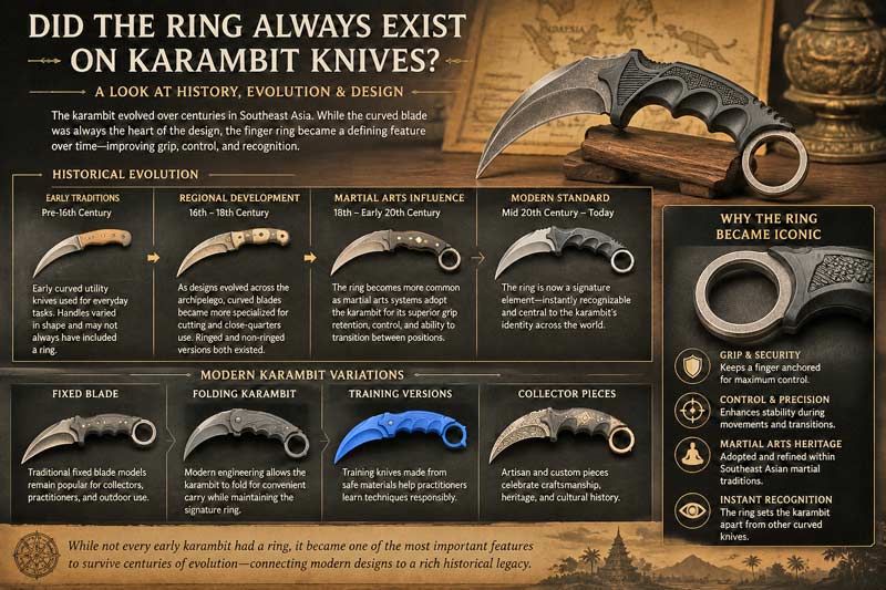 Infographic exploring the history of karambit knife rings, showing historical and modern karambit designs, Southeast Asian origins, ring evolution, and educational callouts about grip, control, and martial arts heritage
